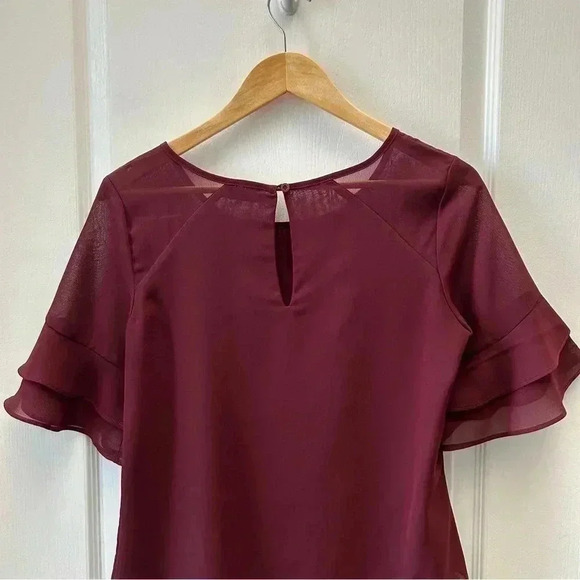 Ricki’s Blouse  Short Sleeve Sheer Flowy Ruffle Sleeves Burgundy Size Small - Picture 9 of 16
